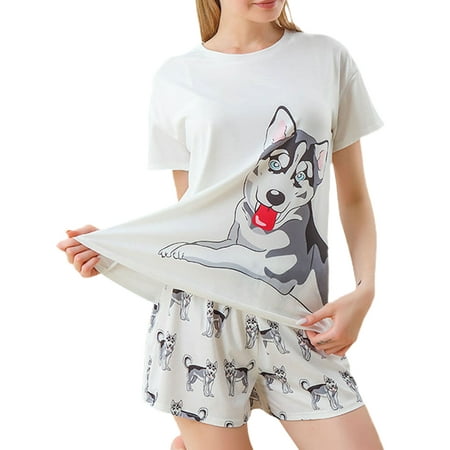 

Haite Ladies Pajamas Sets 2 Pieces Outfits Sleepwear Drawstring Nightgown Home Clothes Lounge Set Summer Tops And Shorts Nightwear Dog Pattern 2XL
