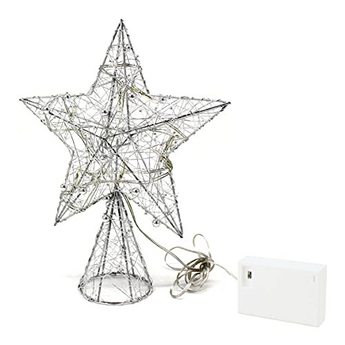 Estrella de árbol de Navidad CVHOMEDECO tejida en alambre plateado con luces LED blancas brillantes