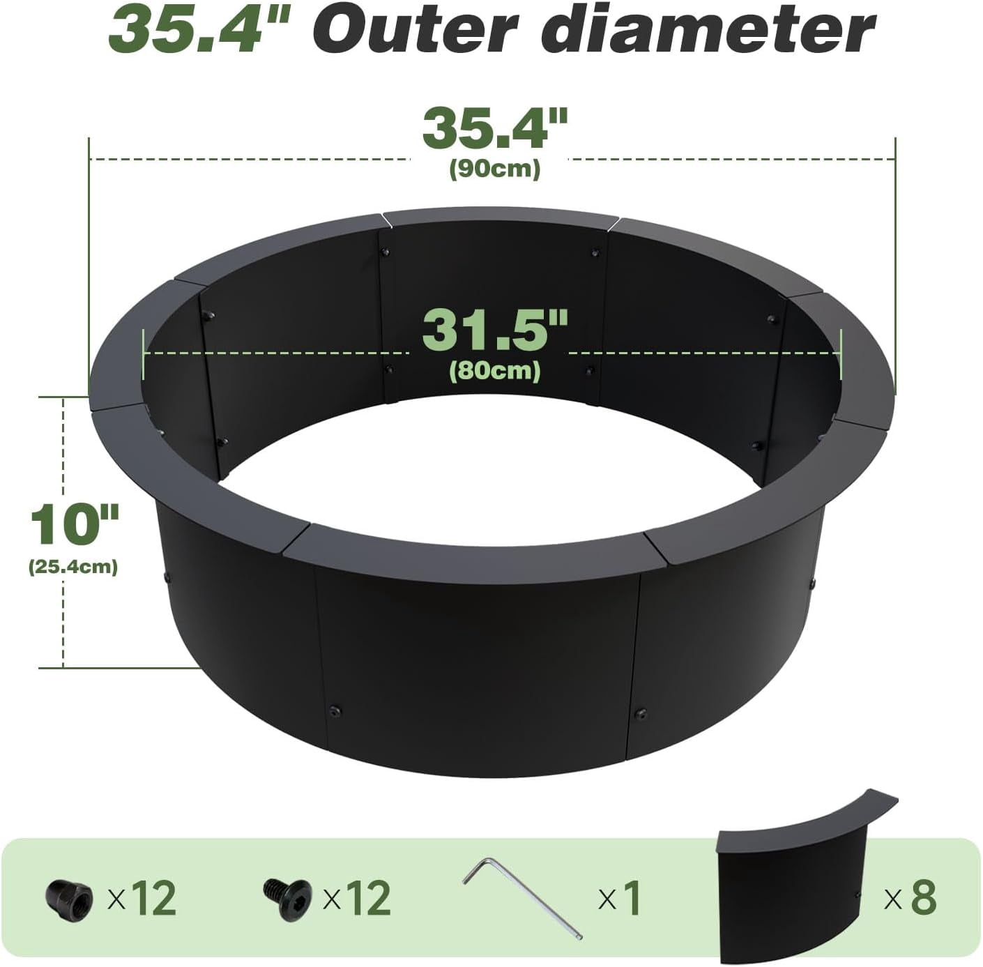 Round Metal Fire Pit Ring for DIY Campfire Wood Burning Insert Fire Pit Liner Heavy Duty Firepit Rim with Collar Support Bonfire Outdoor Camping Cooking Patio Backyard, Black 32"