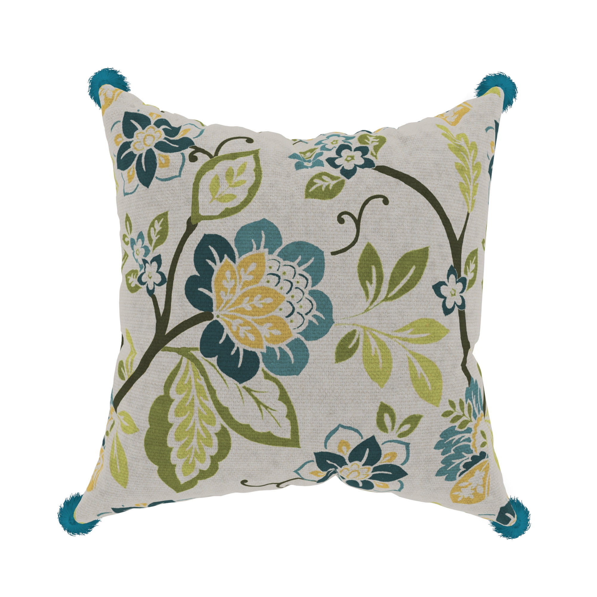 Decorative Throw Pillow Cover, 18” x 18”, Floral Pattern on Ivory Faux Linen with Corner Tassels Creating a Natural Sense of Style for any Living Room, Bed, and Sofa