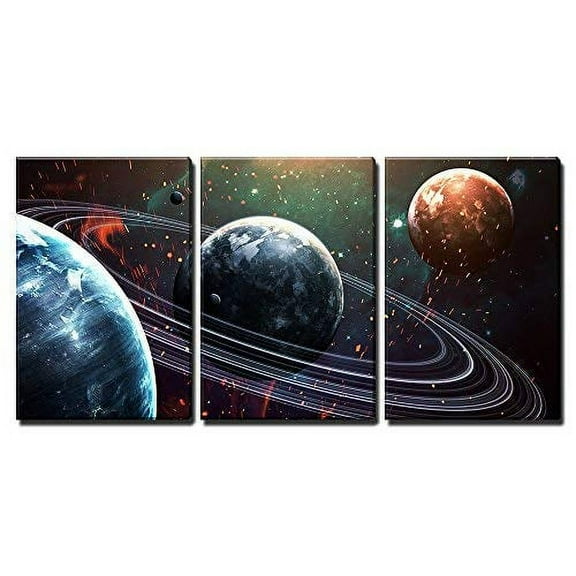 wall26 - 3 Piece Canvas Wall Art - Universe Scene with Planets, Stars and Galaxies in Outer Space - Modern Home Art Stretched and Framed Ready to Hang - 16"x24"x3 Panels
