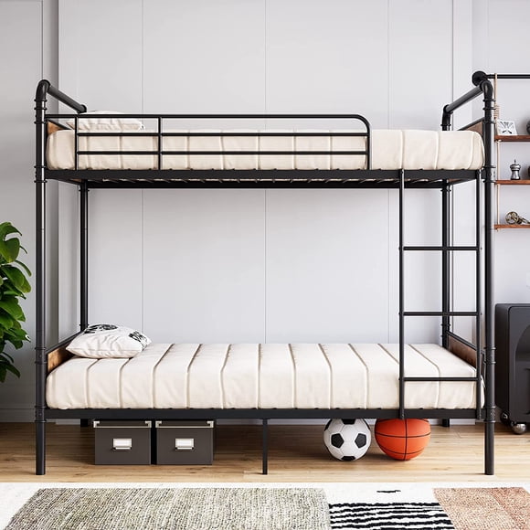 Metal Bunk Bed Twin Over Twin, Heavy Duty Twin Bunk Bed with Safety Guardrail & Ladders, Convertible Twin Bunk Beds for Kids Adults, Easy Assembly, No Box Spring Needed, Vintage Black