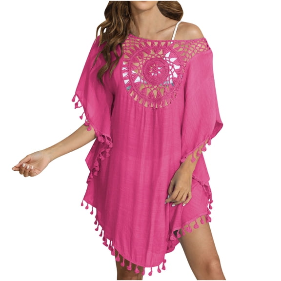 Luxalzxs Woman Summer Solid Color Hollow Out Splicing Tassels Fringe Hem Beach Smock Short Sleeve Swimsuit Bikini Cover Up Dress