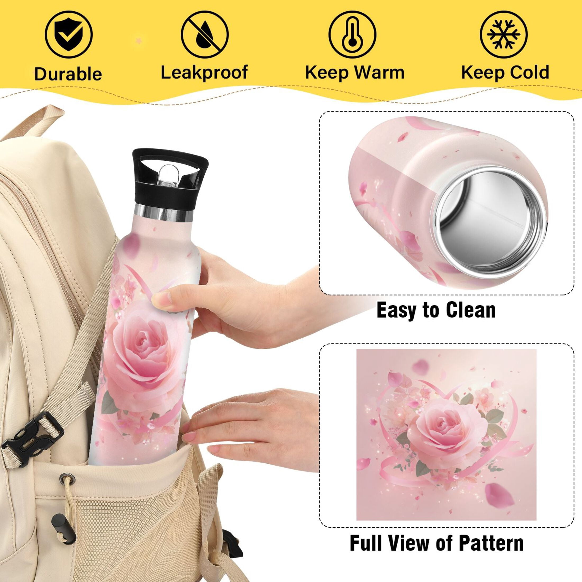 Kids Insulated Stainless Steel Sports Water Bottle 600ml Pink Rose Pattern