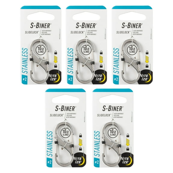 Nite Ize S-Biner SlideLock Stainless Steel - Secure Key Holder Carabiner with SlideLocks - Key & Keychain Organizer - Lockable Carabiner for Daily Use - 10lb Weight Rating -Size 2, Stainless (5 Pack)