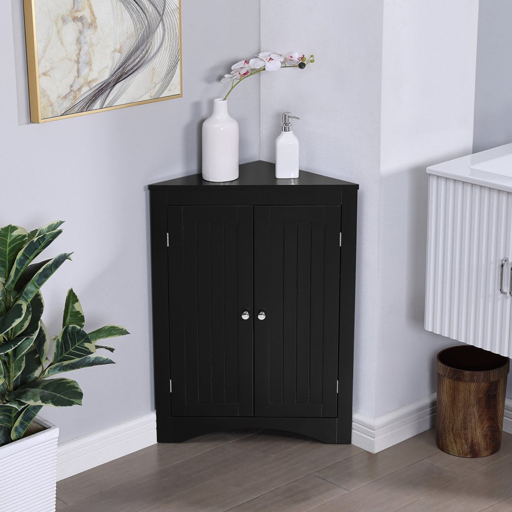 Hassch Corner Bathroom Storage Cabinet, Triangle Freestanding Floor Storage Cabinet with Adjustable Shelves and 2 Doors for Bathroom, Kitchen, Living Room or Bedroom (Espresso)