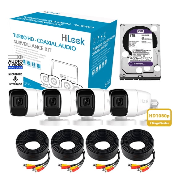 Kit Cctv Hilook 1080p 4 Cámaras Tipo Bala Micrófono Integrado + Disco Duro HL1080PS-1TB Hilook HL1080PS-1TB