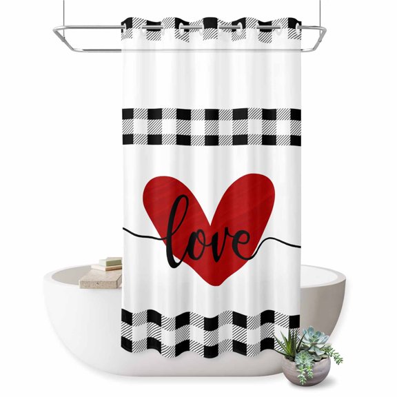 No Hook Shower Curtain with Built-in Rings - Valentines Day Farmhouse Decor Washable Waterproof Fabric Bathroom Curtains for Hotel,Rentals, Stall 54 X 78 Inch , Red Hearts Love Letter Buffalo Plaid