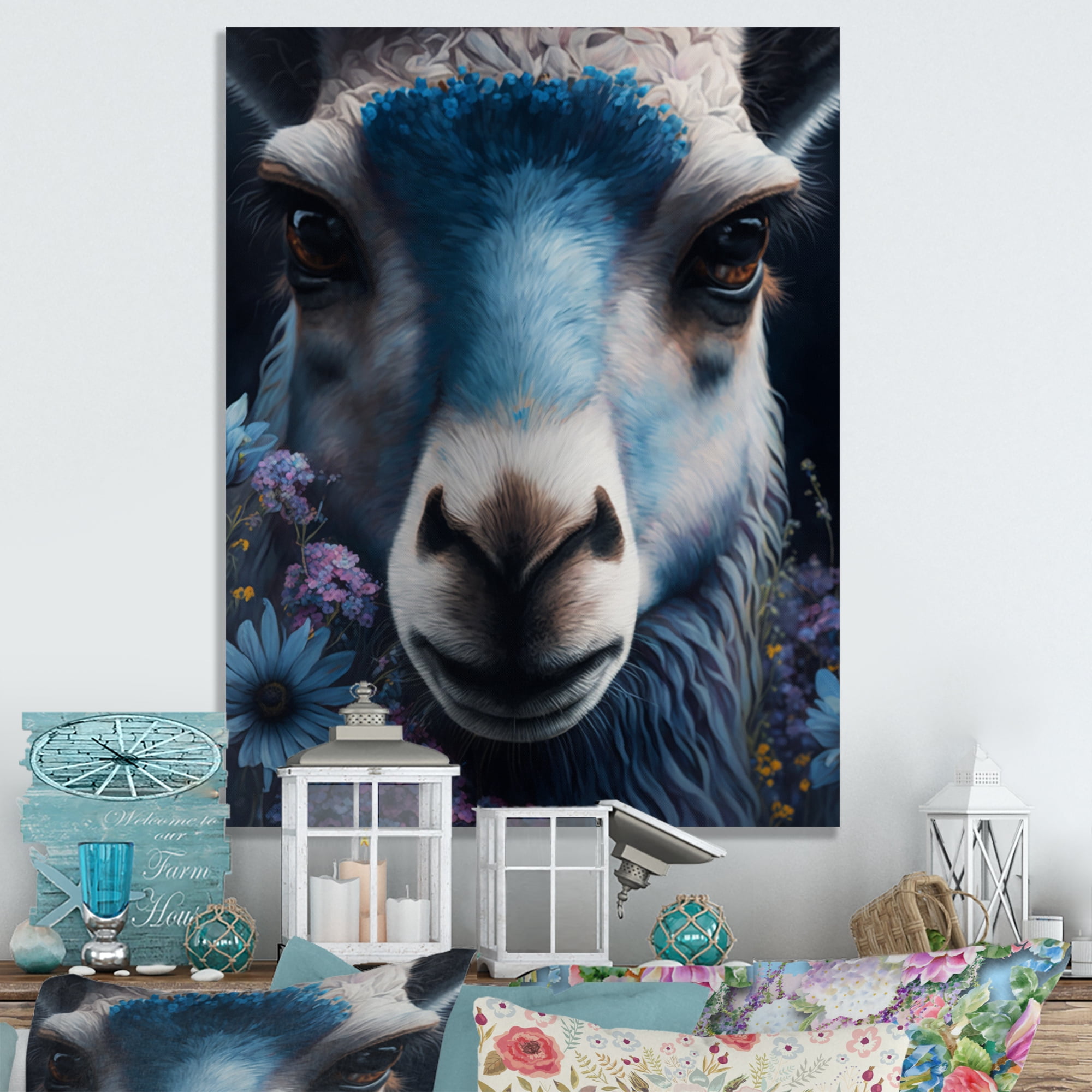 Designart Llama Portrait With Flowers I Canvas Wall Art