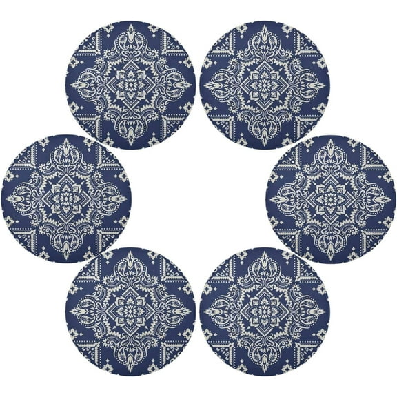 GZHJMY Medallion Paisley Navy Blue Round Placemats, Durable Non-Slip Table Mat Heat and Stain Resistant Placemat for Kitchen Table Outdoor BBQ Activities, 6PCS