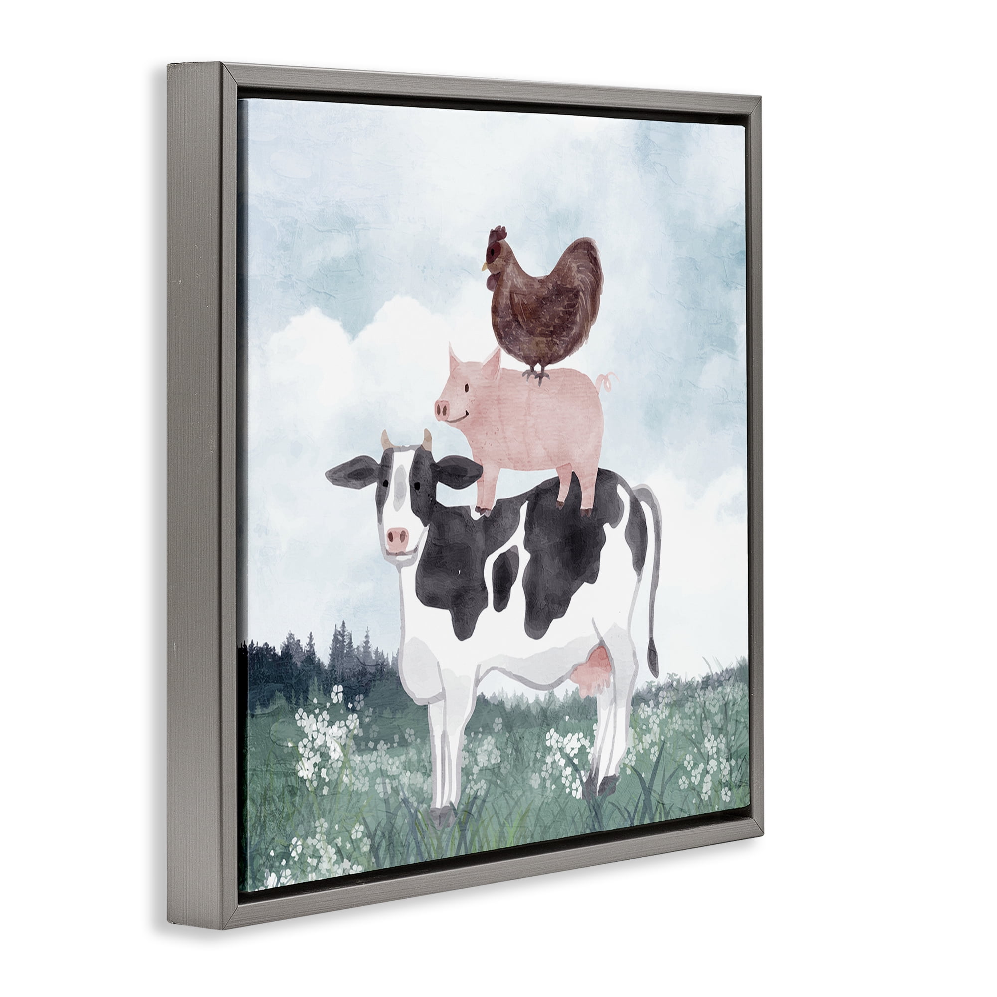 Stupell Industries Muted Stacked Farm Animals Gray Framed Floater Canvas Wall Art, design by Kim Allen