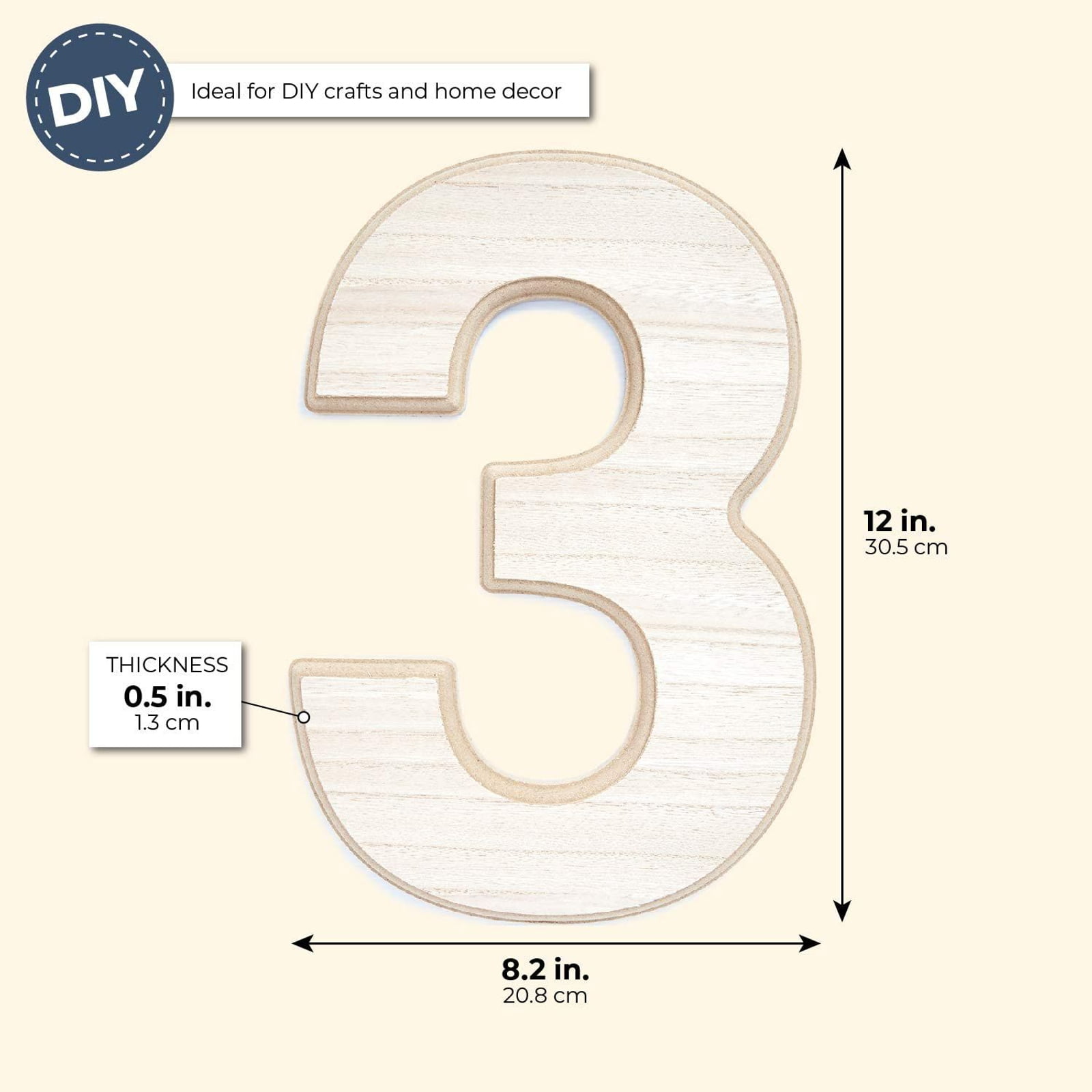 12 Tall x 1/2 Thick, Wood Number 3 - Large Wall Wood Numbers - for Home  Bedroom Office Wedding Party Décor - Ready to Paint Or Stain