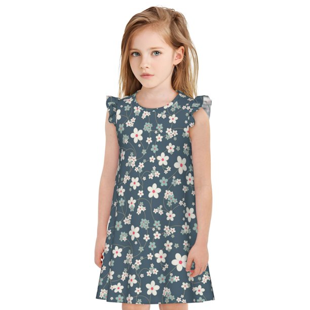 Fotbe Blue Flower Vestido de Dormir para Niñas de 3 a 10 Años, Mangas Cortas, Estilo Princesa, Pijama Camisón con Mangas Voladas-X-Large