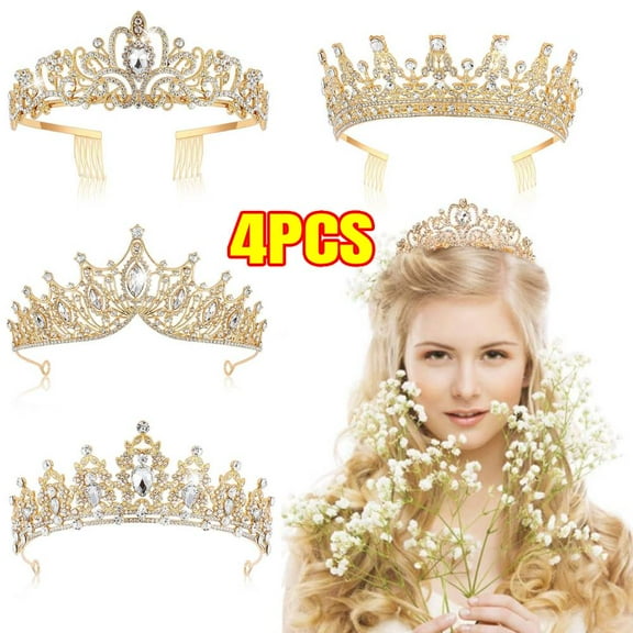 4PCS Gold Tiara Crystal Crowns Rhinestone Crown Bride Bridal Wedding Birthday Party for Women