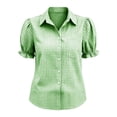 thumbnail image 5 of Admvng Women's Gingham Plaid Shirt Lapel V Neck Puff Ruffle Short Sleeve Chest Pocket Button Down Casual Blouse Tops, 5 of 6