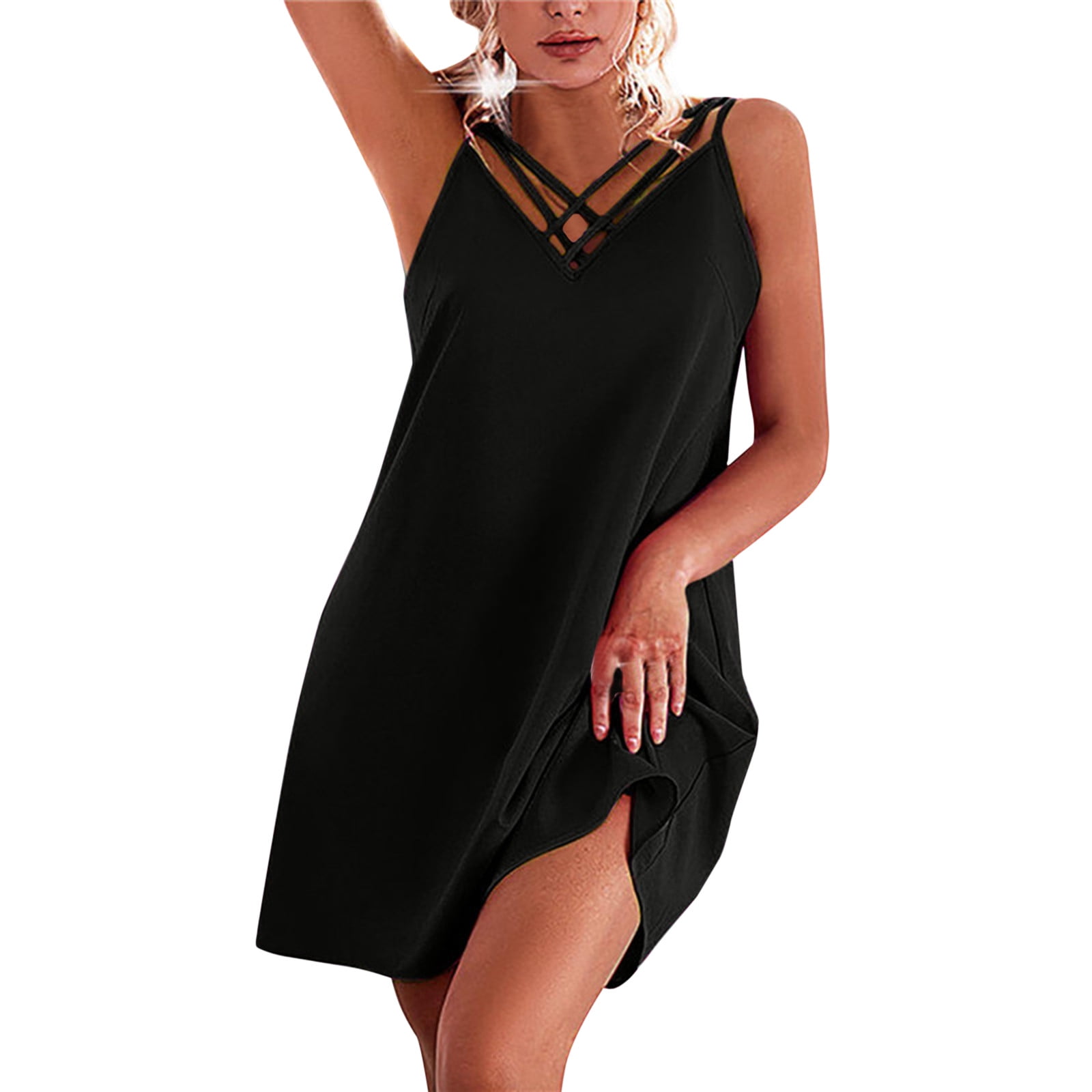 Summer Black Dresses For Women 2022 Womens Casual Summer T Shirt Dress Solid Color Sleeveless Tunic Strapless Dress Walmart