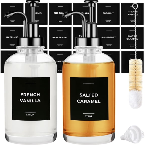 Coffee Syrup Dispenser with Pump - Includes 24 Flavor Labels - Glass Syrup Dispenser for Coffee Bar - Elevate your Beverage Station with 16.9 fl oz Flavoring Container Bottles, 2 count, Black