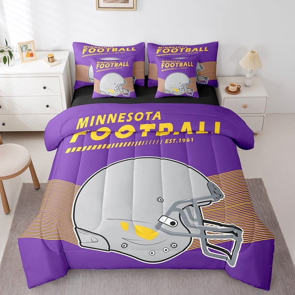 Erosebridal 7Pcs American Football Comforter Set Twin with Sheets Sports Game Comforter Set Bed-in-a-Bag, Minnesota(1 Comforter, 1 Flat Sheet 1 Fitted Sheet 2 Pillowcases 2 Throw Pillow Covers)