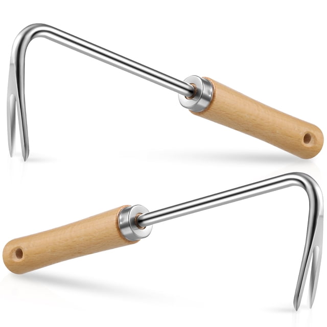 FRCOLOR Outil Désherbeur, Outil de Désherbage de Jardin avec Fourchettes en Acier Inoxydable en Forme de V et Poignée en Bois Confortable pour un Retrait Facile des Racines 10.5 Pouces,10.43"X3.15"X0.98 Pouces