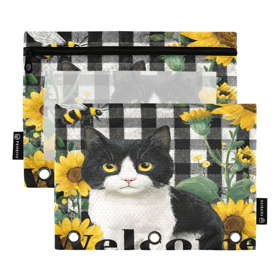 2 Pack 3 Ring Binder Pouch with Clear PVC Window Water Resistant Zipper Pencil Pouch Sunflowers and Adorable Cat Binder Pocket for Classroom Office Home Stationery Organization