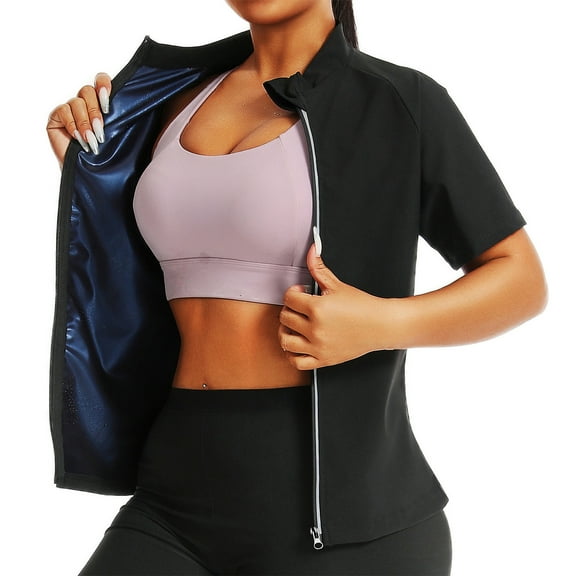 ZQUUVOU Women's Sauna Suit Jacket Body Shaper Waist Trainer Long Sleeve Zipper Shirts Workout Top for Gym Running Fitness Blue B