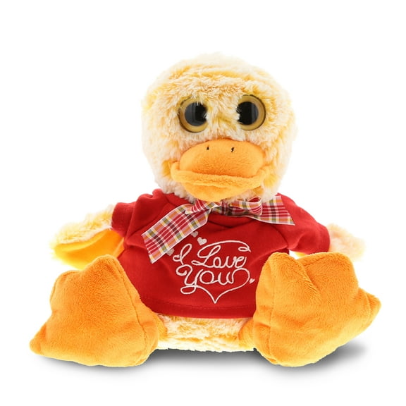DolliBu I LOVE YOU Plush Sitting Yellow Duck - Cute Stuffed Animal with Red Shirt For Valentine, Anniversary, Romantic Date, Boyfriend, or Girlfriend Gift - 6.5 Inches