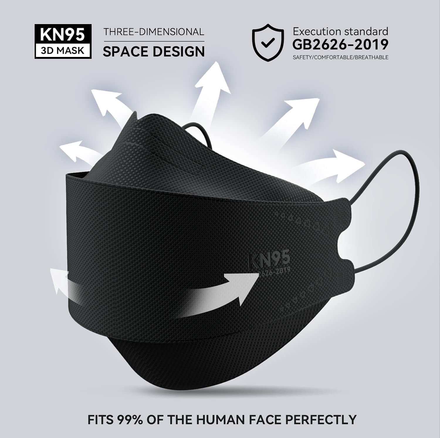 KN95 Face Masks 50 Pack, Breathable Comfortable Disposable Face Mask For Adults And Teens, Black