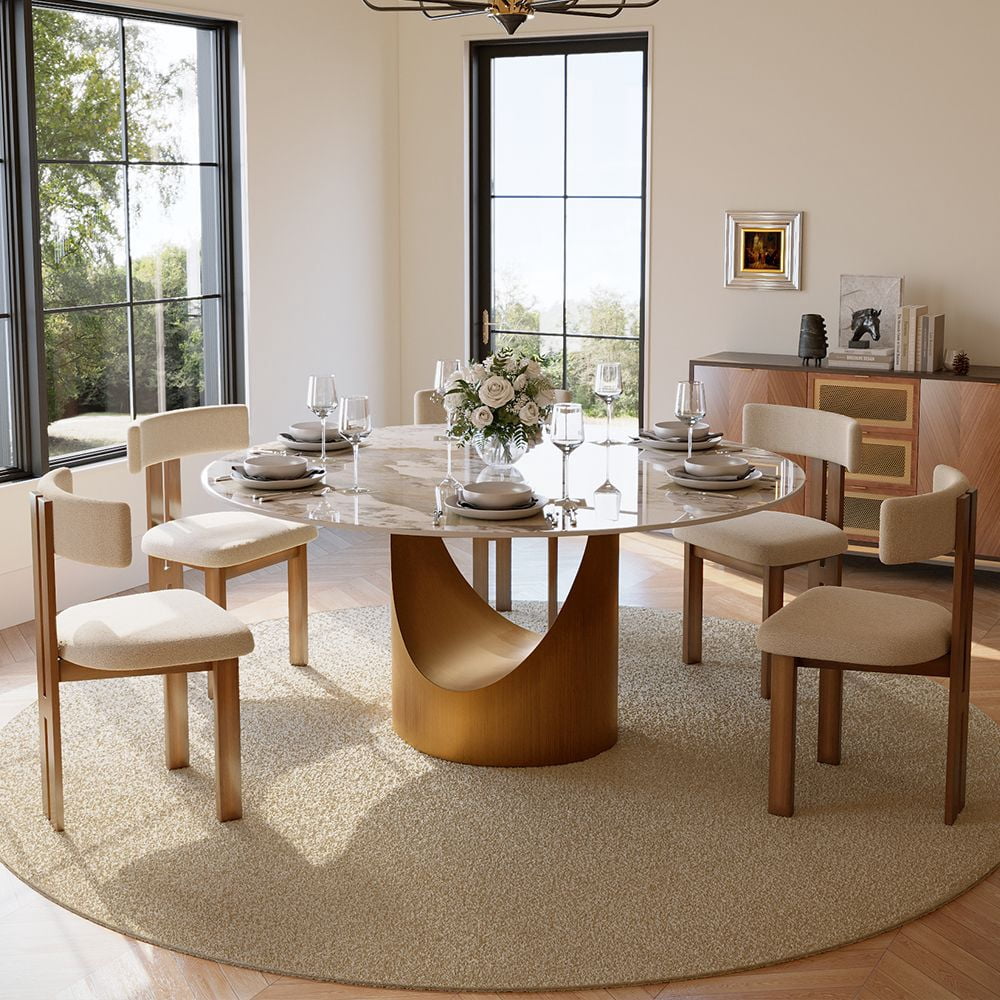 POVISON-59" Hobart Modern Round Dining Table for 6, Pandora Glossy Sintered Stone Table, Bronze Carbon Steel Pedestal