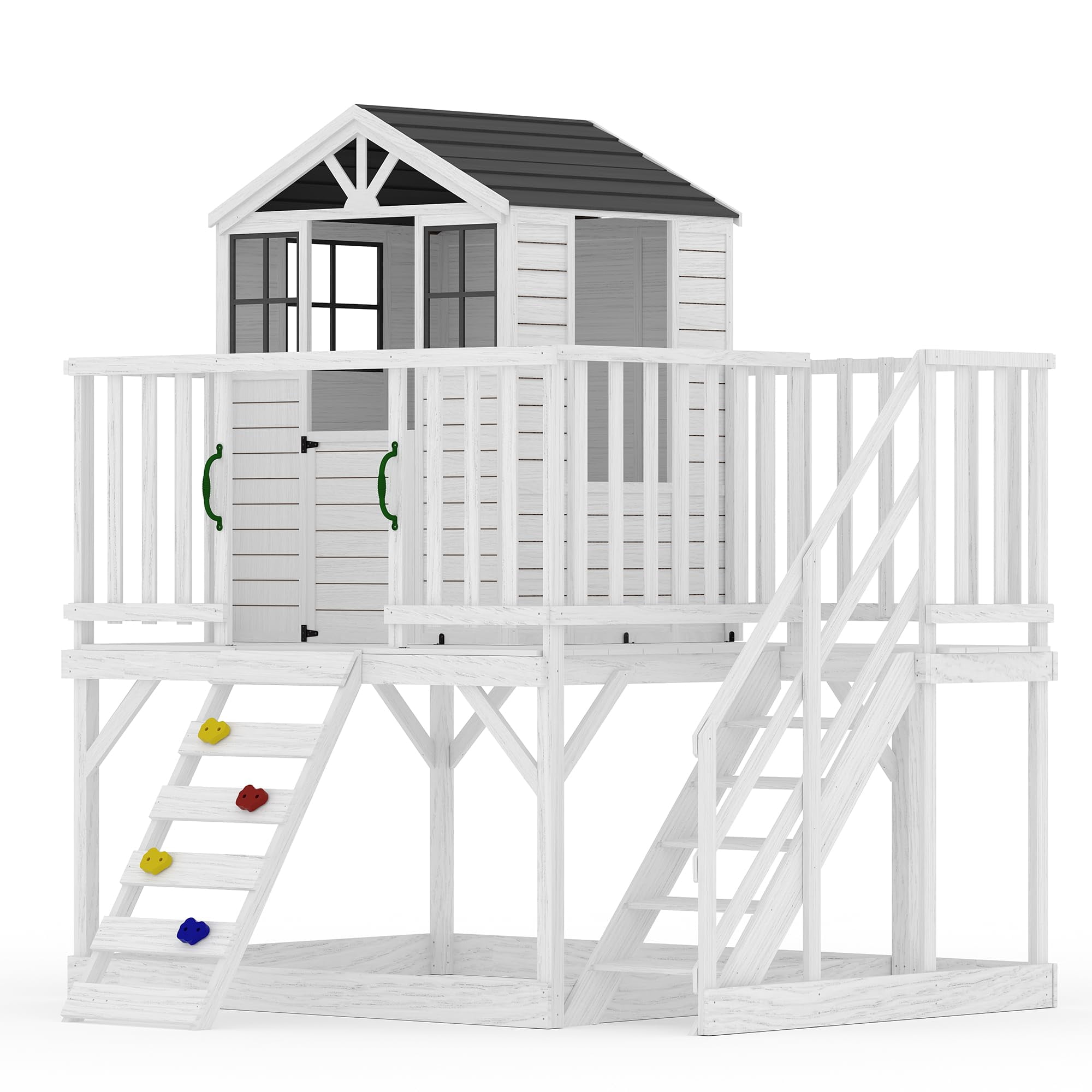 Danolapsi Kids Outdoor Playhouse with Climbing Wall, 2 Story Wooden Playhouse with Sandbox, Elevated Cedar Wooden Kids Playhouse with Step Ladder(ship in 3 boxes)