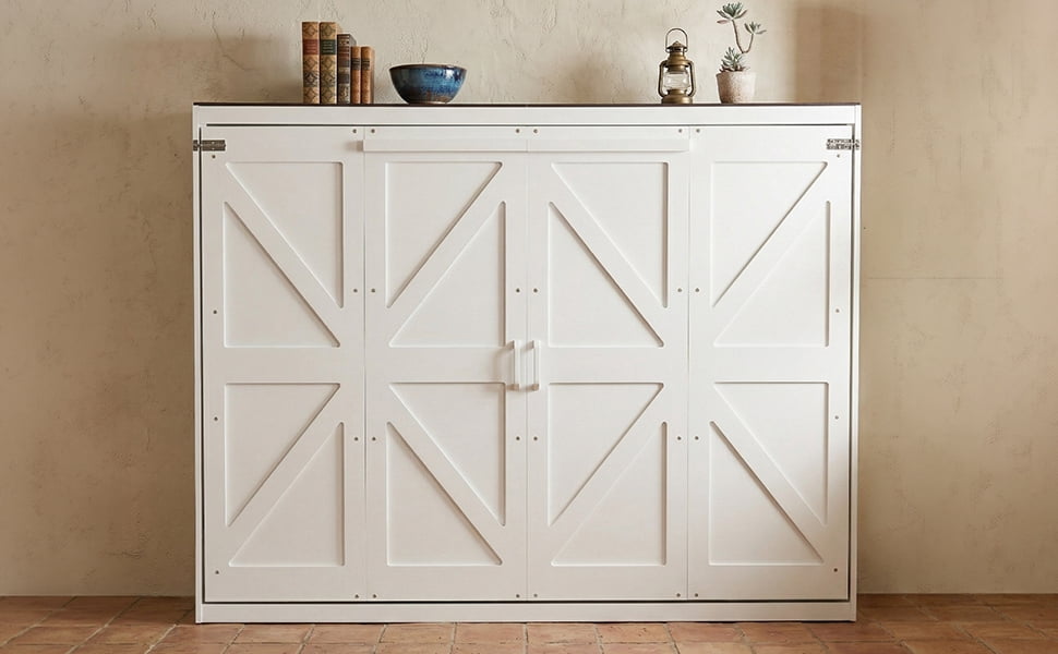 Mintazer Farmhouse Full Murphy Wall Bed with Barn Door & Charge Station, Folding Cabinet Bed for Home Office, White