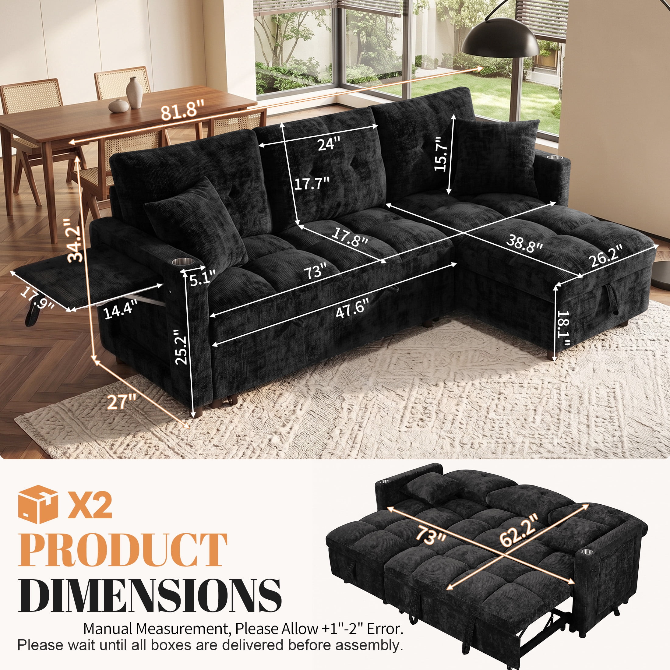 Aukfa 81" L Shape Sleeper Sectional Sofa Bed, Chenille Convertible Couch with Storage Chaise, Side Table & USB/Type-C Ports,Black