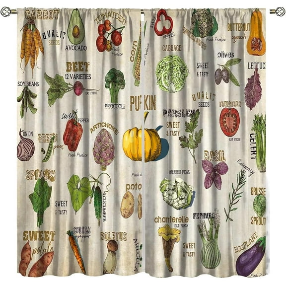 Vegetables Kitchen Curtains Vintage Botanical Kitchen Decor Rustic Fresh Tomato Carrot Farm Pumpkin Educational Learning Small Short Window Drapes Fabric 2 Panels