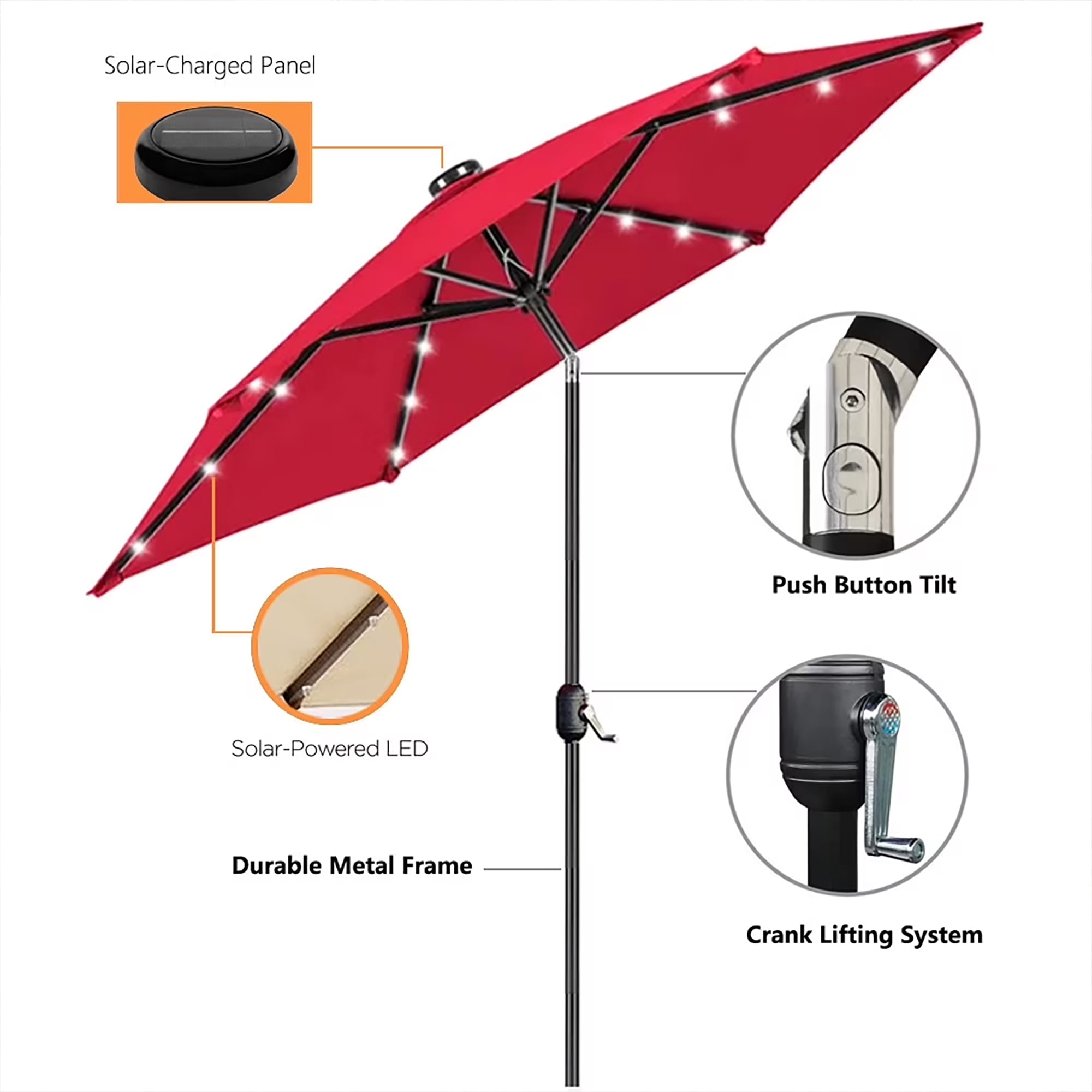ULTRASHDE 9ft Solar LED Lighted Patio Umbrella, Table Market Umbrella, Outdoor Umbrella for Garden, Deck, Backyard, Pool and Beach, Red