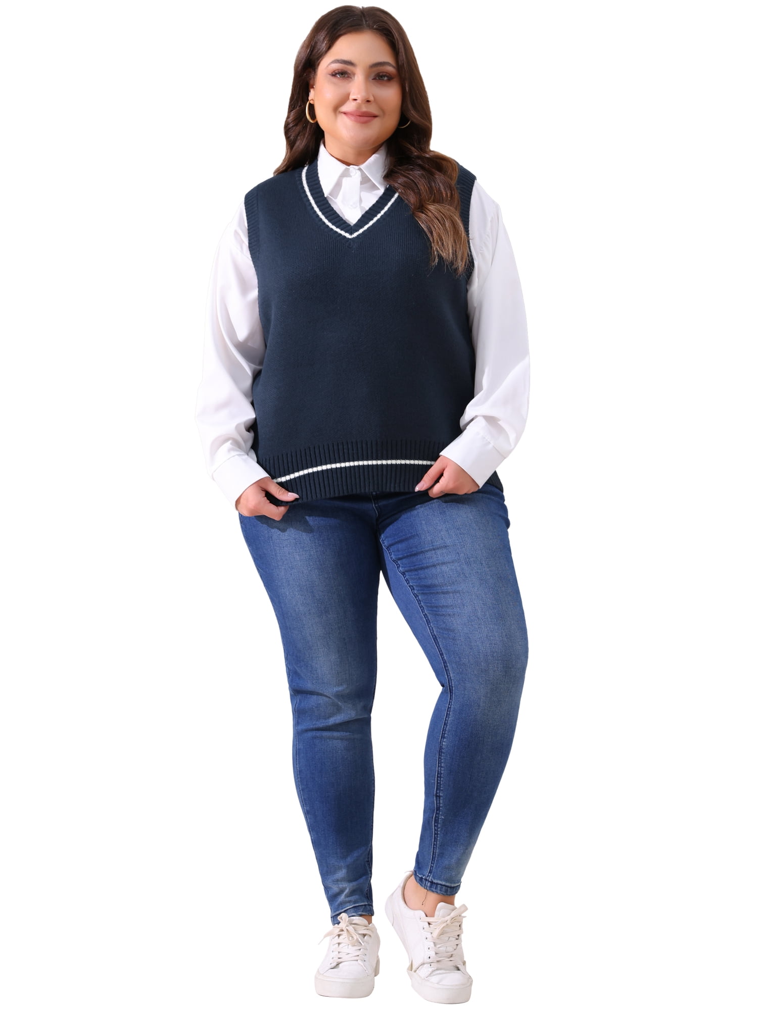 DARING DIVA Women's Plus V Neck Stripe Cable Knit Pullover Sweater Vest 1X Navy Blue
