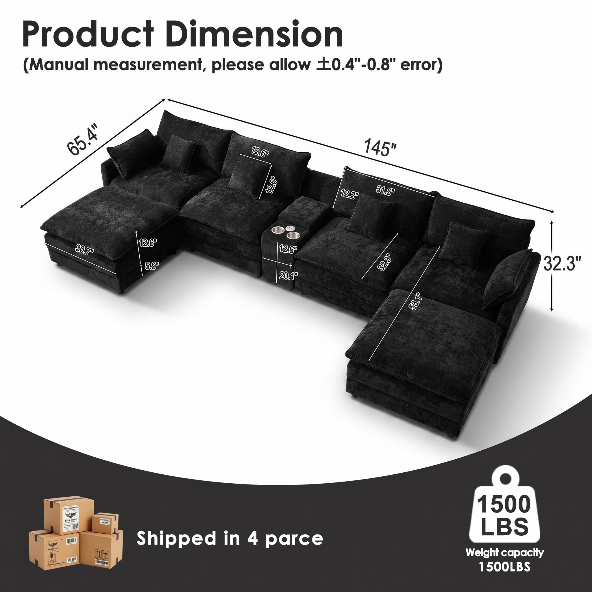 Wakefit 145" U Shaped Sectional Couch, Oversized Modular Sectional Sofa, 5 Seater Chenille Cloud Couch with Hidden Storage, USB Ports & Cup Holders for Living Room, Black