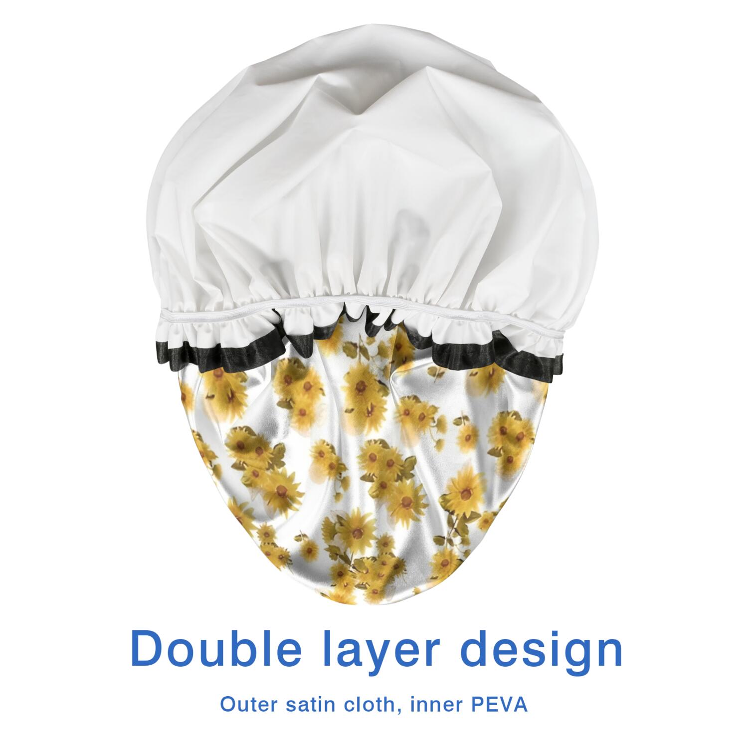Shower Caps,White Yellow Flower Sunflower Pattern Waterproof Shower Cap for Women 4 Pieces,Double Reusable Hair Cover for Shower PEVA Elastic Stretch Hem