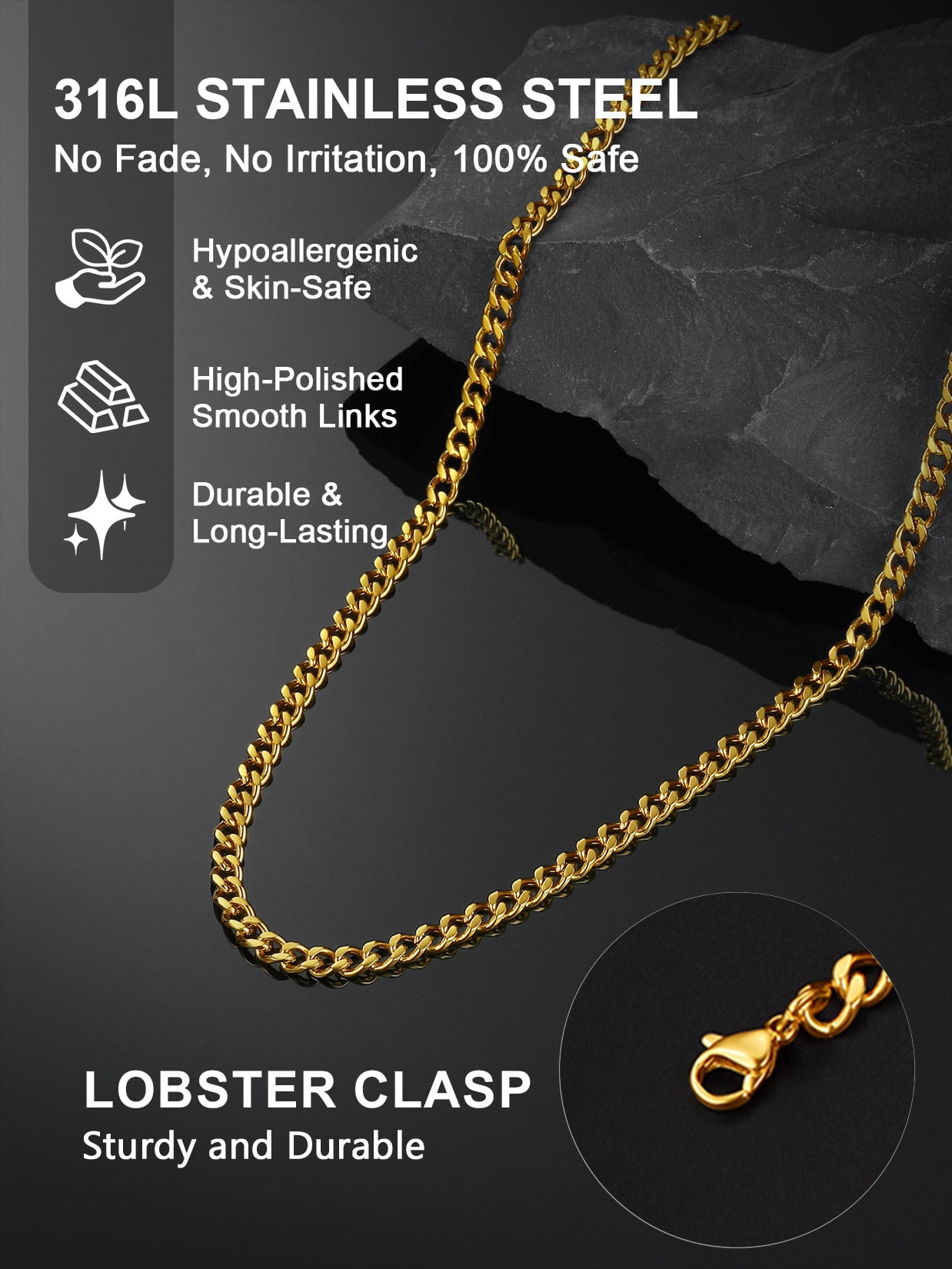ChainsProMax Men Cuban Chain Thin 18K Gold Plated Chain Stainless Steel Necklace for Men 24 inch