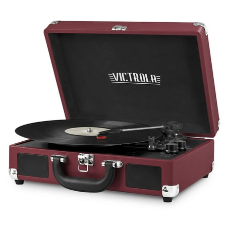 Portable Victrola Suitcase Record Player with Bluetooth and 3 Speed Turntable, Marsala