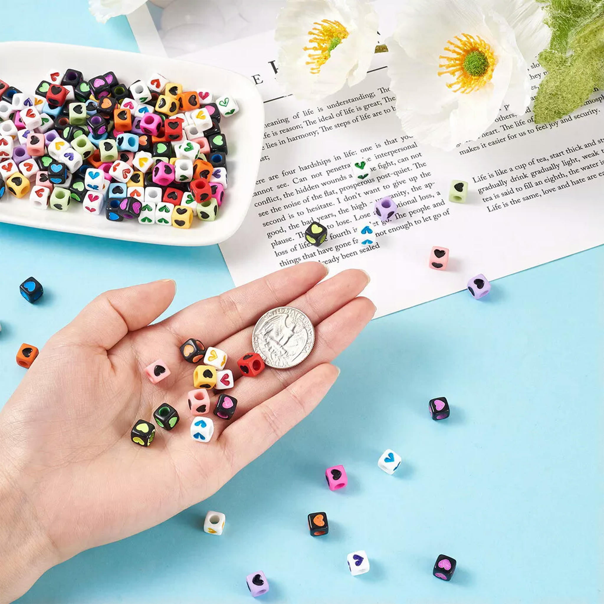 EOEMY 450Pc 7mm Cube With Heart Opaque Acrylic Large Hole Beads Pony Loose Spacer Bead