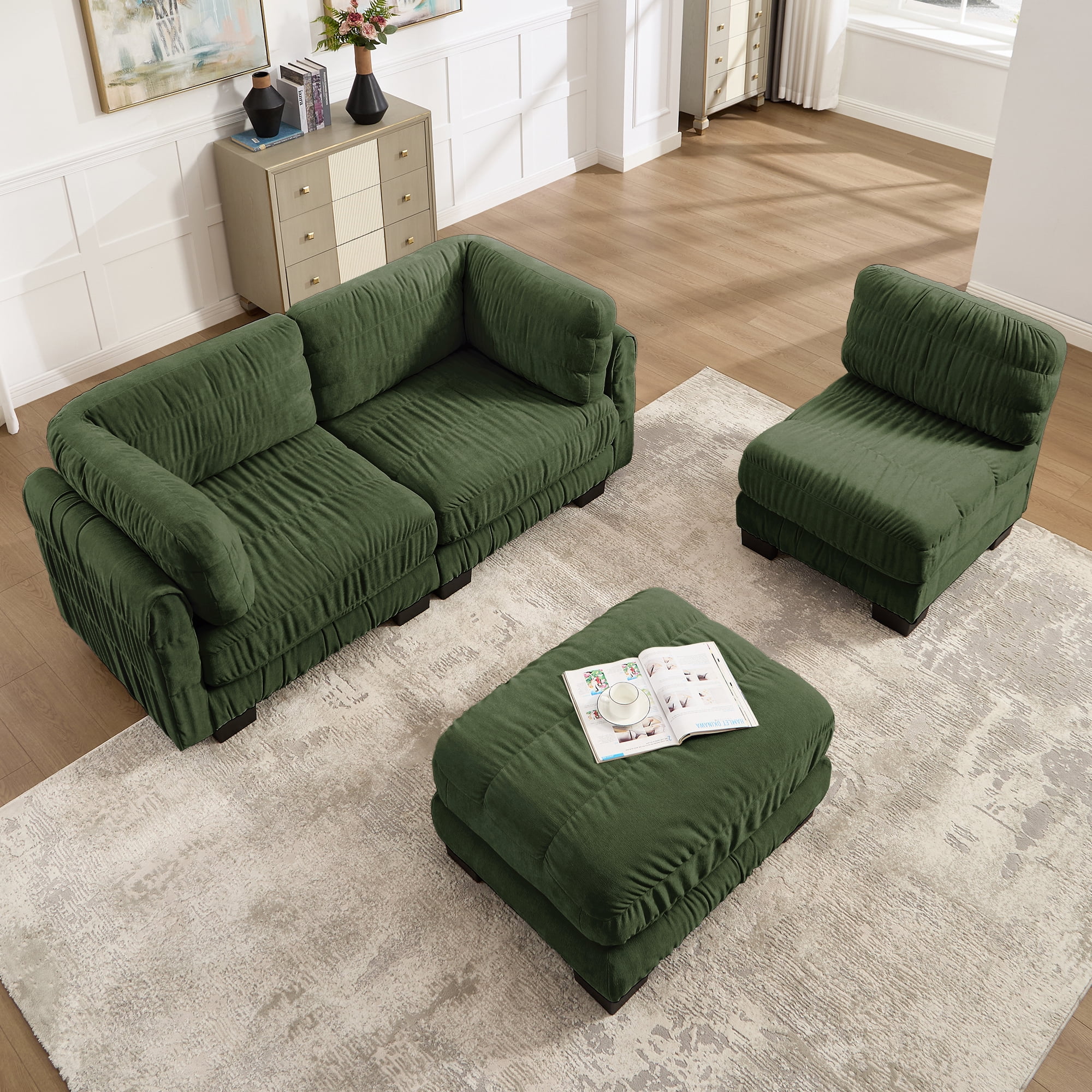 109" L Shape 3 Seat Chenille Modular Sectional Sofa with Movable Ottoman and L Shape Back Cushions