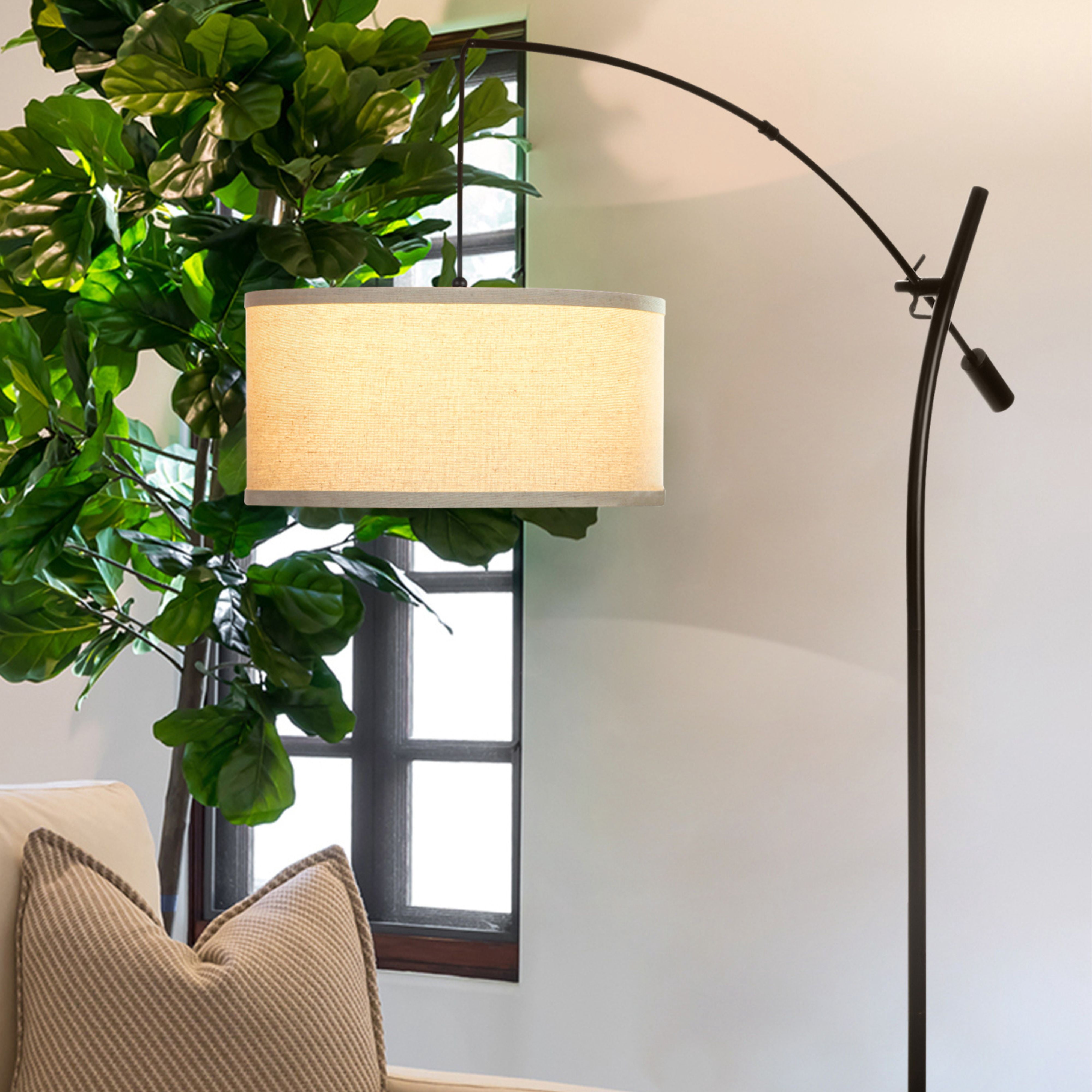 Brightech Grayson 84 in. Classic Black Mid-Century Modern 1-Light Height Adjustable LED Floor Lamp with Beige Fabric Drum Shade
