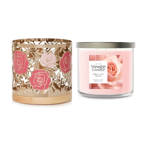 Yankee Candle Metal Rose Florals 3-Wick Jar Candle Holder with Wooden Base and a 3-Wick Fresh Cut Roses Candle 2-pc Set