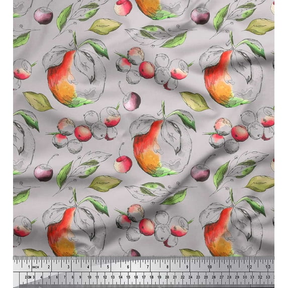 Soimoi Gray Rayon Crepe Fabric & Berries Fruits Print Sewing Fabric Yard 46 Inch Wide