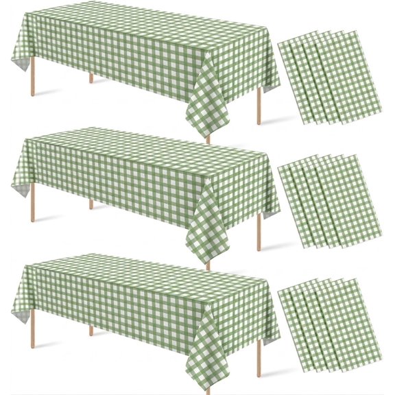 12 Pack Sage Green Gingham Tablecloths, Checkered Disposable Table Covers 54 x 108 Inch