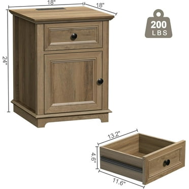 with Fast Charging Station, End Tables Living Room, 18" Side Table with Drawer, 24" Tall Side Table with Storage for Bedroom, Light Brown