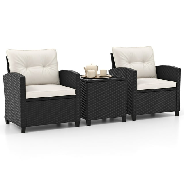 Gymax 3 PCS Patio Furniture Set w/Tempered Glass Coffee Table Washable Cushions White