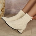 thumbnail image 5 of Plush Ankle Boots for Women Comfortable Knit Sock Fall Booties Fashion Square Toe Chunky Mid Heel Slip On Mid Calf Elastic Dress Booties Beige Size 10, 5 of 8