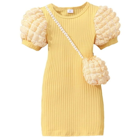 Odeerbi Kids Girls Puff Sleeve Bodycorn Dress with Cute Bag Party Mini Knit Dress Lightweight Short Sleeve Round Neck Solid Color Dress Set Kids Clothes Yellow
