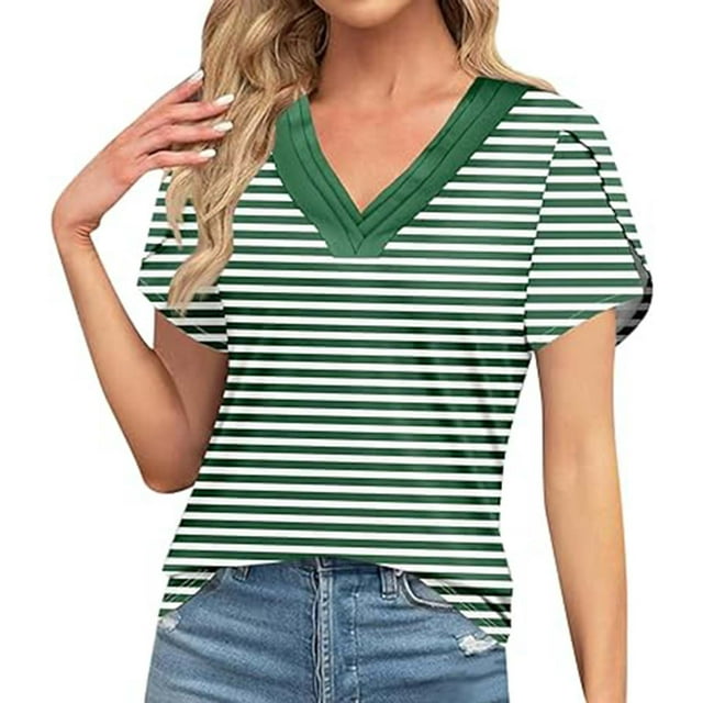 Women's Loose Casual Striped Color Block V-neck Short Sleeve Top, Comfortable and Stylish Everyday Tee, Trendy Color Block Design for Spring and Summer, Versatile Casual Blouse for Relaxed Fit