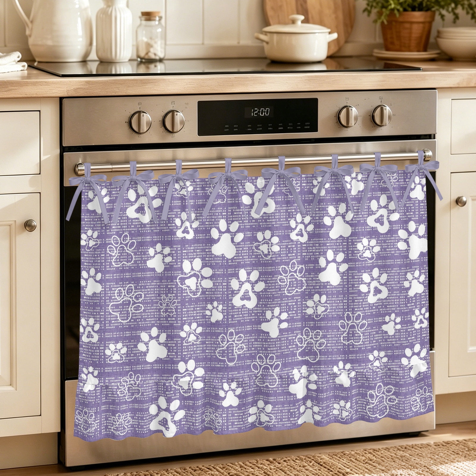 Oven Skirt Curtain for Kitchen 21.5x30 Inch Purple Dog Paw Oven Curtain with 8 Ribbon Ties & Ruffle Trim Stove Skirt Curtain Dishwasher for Cabinets Over Sinks Modern Geometric Abstract